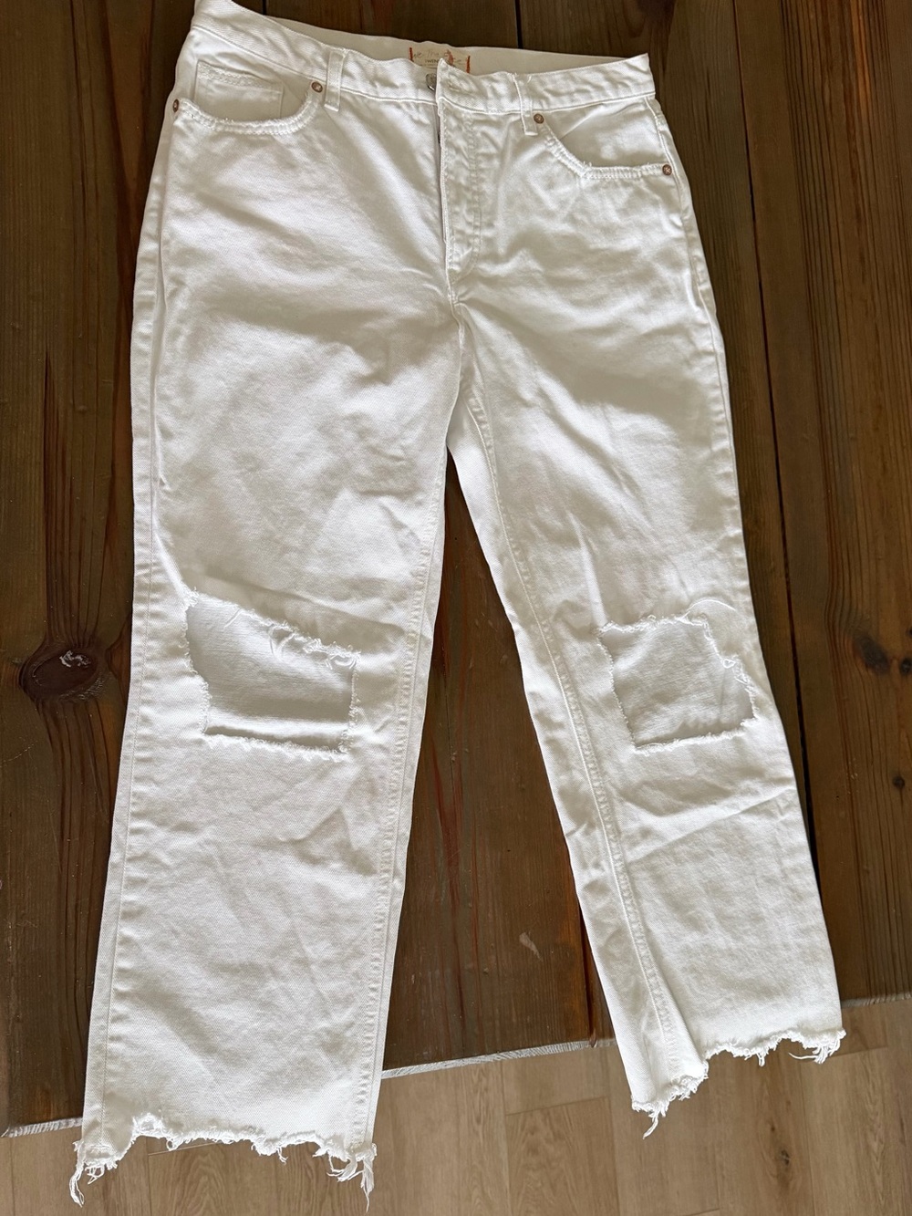 Free People White Distressed Straight-Leg Jeans